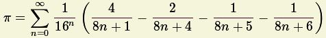      oo 
p =  sum  -1-(--4---- --2---- ---1---  --1--)
    n=0 16n 8n + 1  8n + 4  8n + 5   8n+ 6