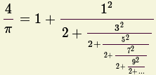               2
4= 1 + ------1-2-----
p      2+ 2+--352----
             2+2+7292-
                2+...